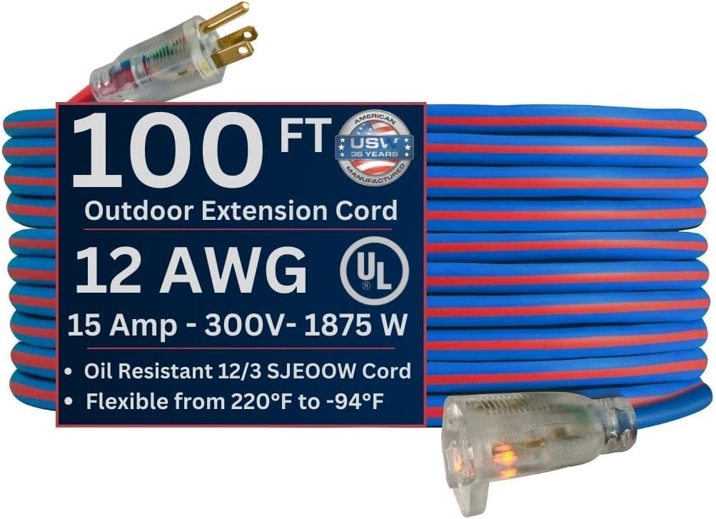 US Wire 100-Foot Extreme Weather Extension Cord with Lighted Plug, 12/