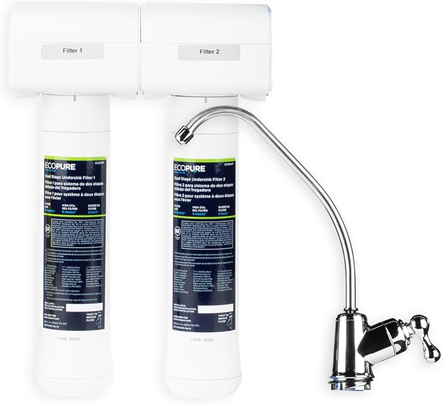 EcoPure ECOP20 2 Stage Under Sink Water Filter System – NSF-Certified to Reduce 58 Contaminants