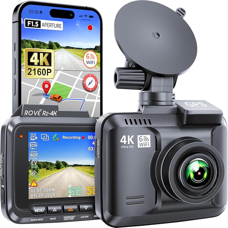 ROVE R2-4K Dash Cam with Built-in WiFi 6, GPS, 4K UHD Video, and 2.4