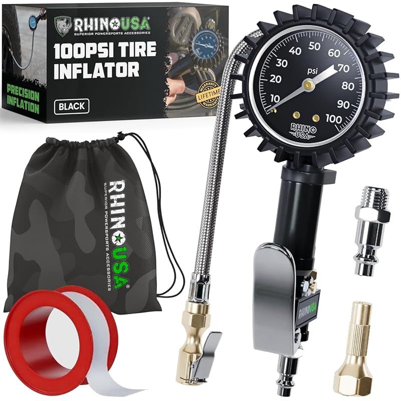 Rhino USA Tire Pressure Gauge with Inflator and Heavy Duty Chuck for T