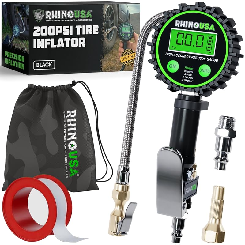 Rhino USA Digital Tire Pressure Gauge with Inflator and Braided Hose f