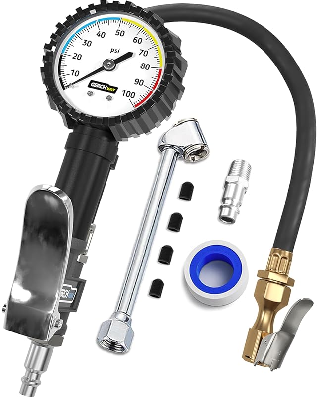 Tire Inflator with Pressure Gauge and Longer Hose for Air Compressor A