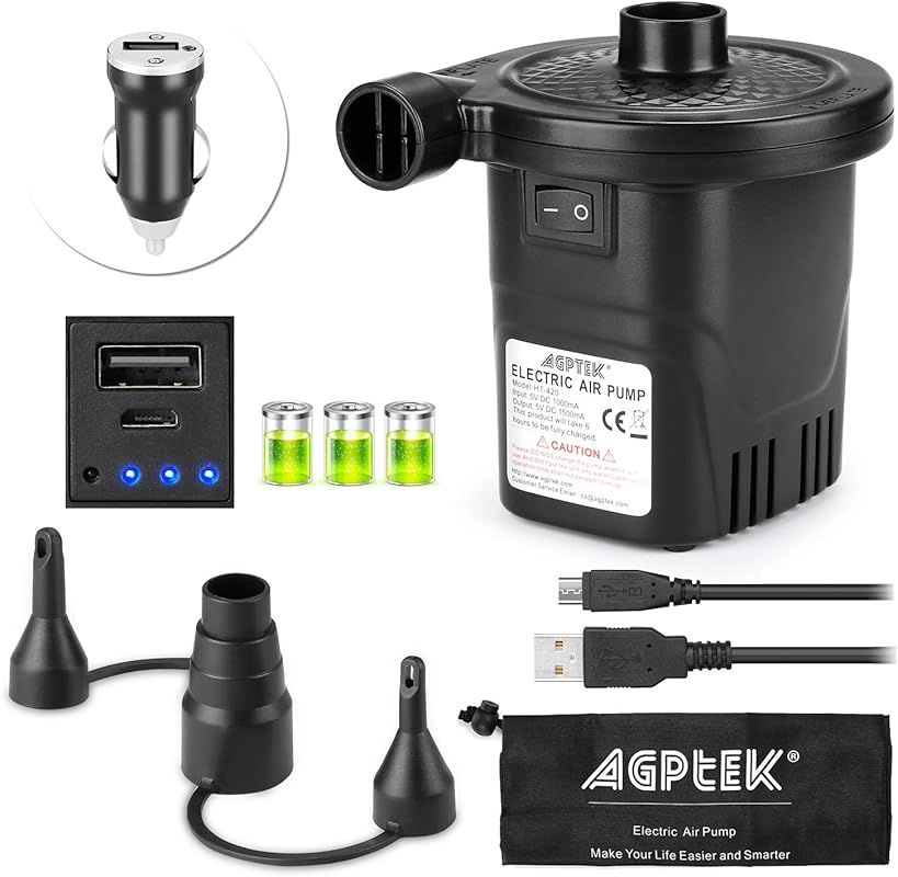 AGPTEK Portable Air Pump with 4000mAh Battery, 3 Nozzles, and Quick-Fill
