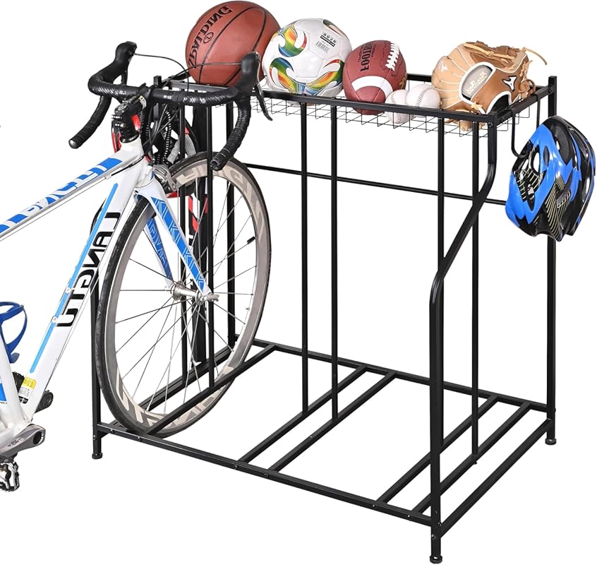 Freestanding Garage Bike Storage Rack Holds Three Bikes for Adults and