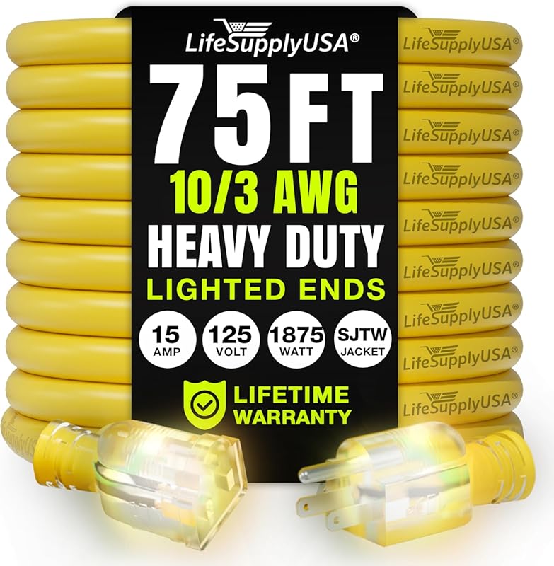 75ft Outdoor/Indoor Extension Cord 10/3 Gauge Ultra Heavy Duty 3 Prong