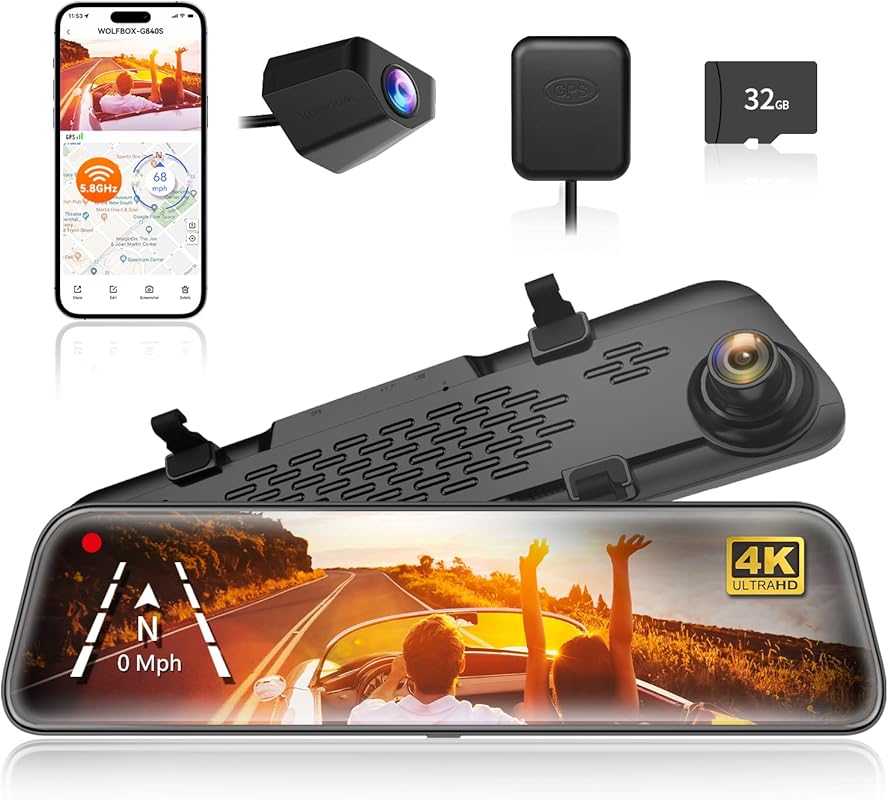 WOLFBOX G840S 12-Inch 4K Mirror Dash Cam with 5.8GHz WiFi for Remote V