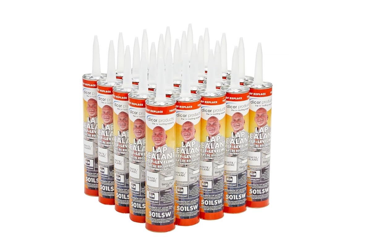 Dicor HAPS-free self-leveling lap sealant for RV roofing and repair in
