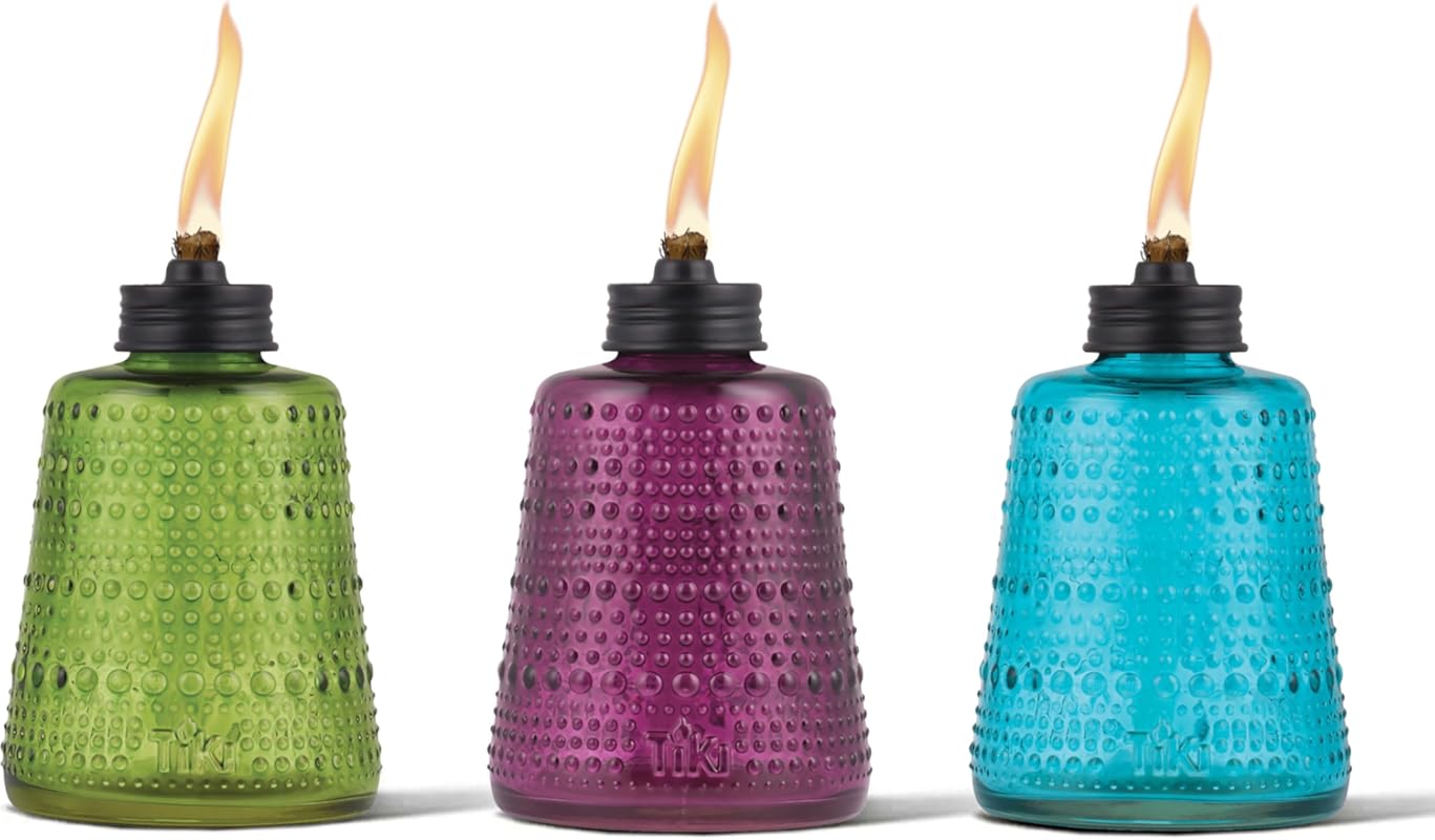 TIKI 6-Inch Carnival Glass Tabletop Torches in Blue Green and Purple 3