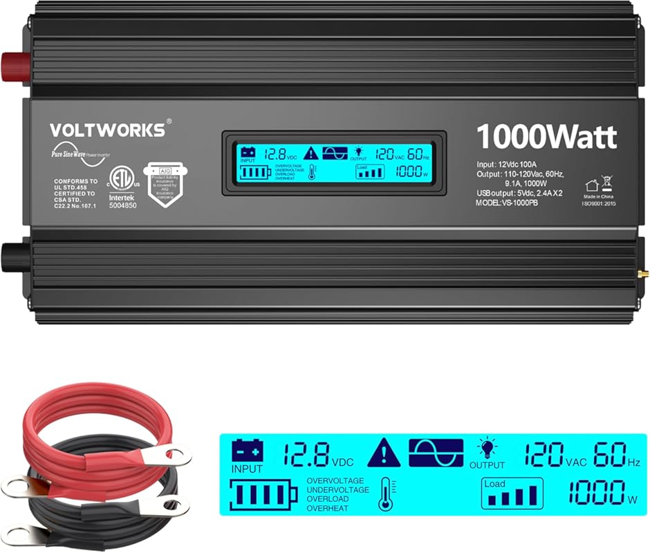 VOLTWORKS 1000W Pure Sine Wave Inverter with ETL Certification and LCD