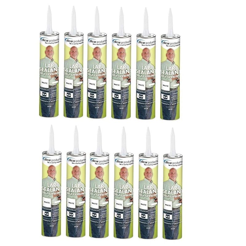 Dicor self-leveling caulk for RV rubber roofs comes in white with a ca