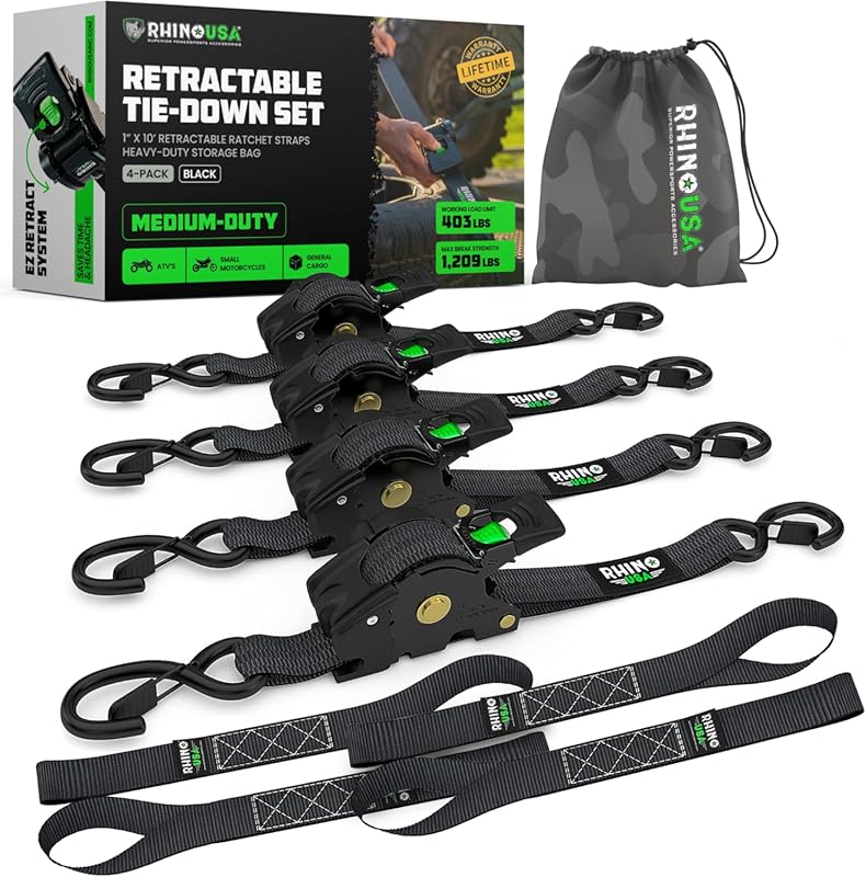 Rhino USA 4-Pack Retractable Ratchet Straps with Auto Self-Retracting 