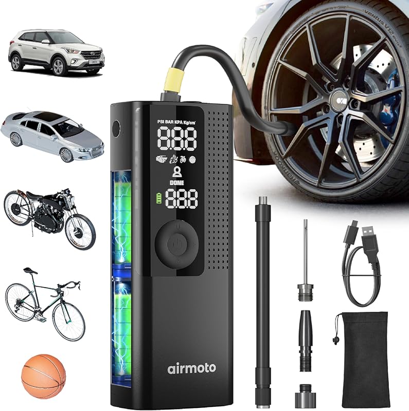 Airmoto Cordless Tire Inflator with Digital Pressure Gauge, LED Light,