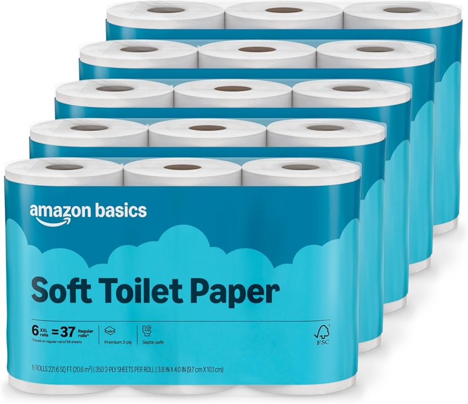 Amazon Basics 2-Ply Soft Toilet Paper with 30 Rolls Equivalent to 185 