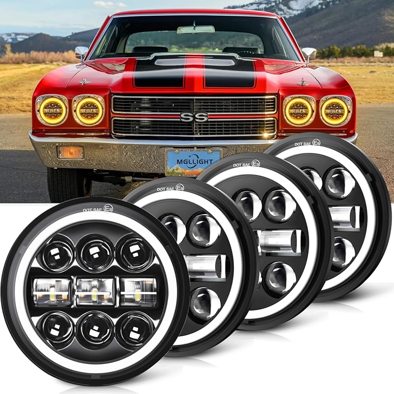 5.75 Inch LED Headlight with White and Amber Halo for Muscle Cars