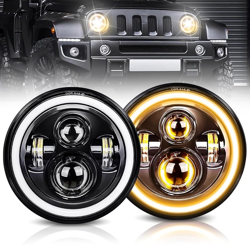7-Inch Round LED Headlights with White DRL and Amber Halo for High and