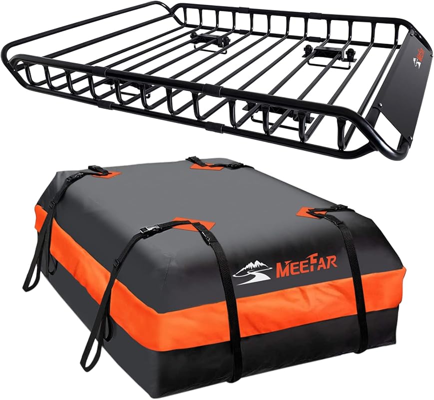MeeFar Roof Rack Basket with Waterproof Bag and Cargo Net Includes Att