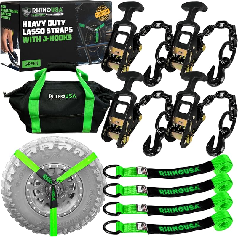 Rhino USA 4-Pack Car Tie Down Straps with J Hooks and T-Handle for Whe