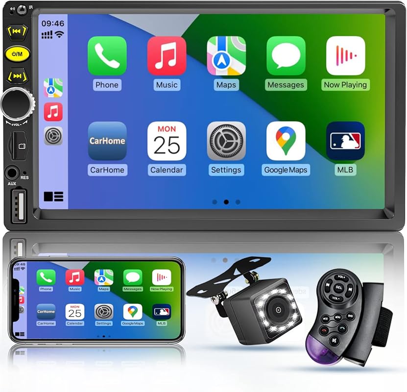 7 Inch Double Din Car Stereo with Apple CarPlay, Bluetooth, and Backup