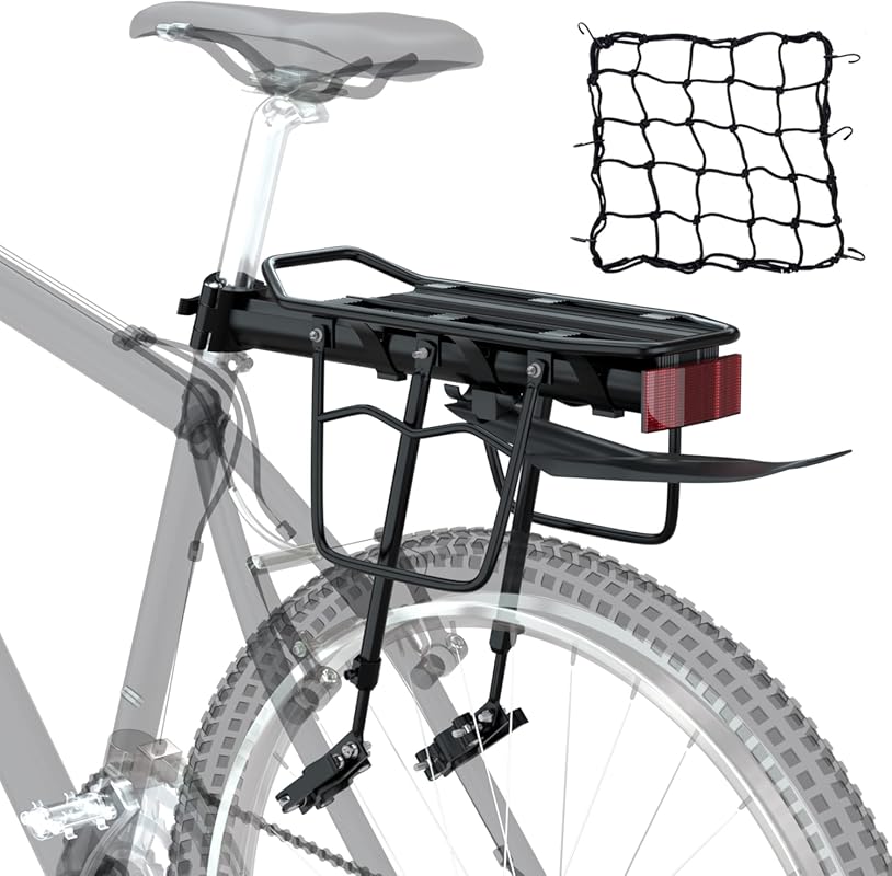 Bike Cargo Rack w/Fender & Bungee Cargo Net & Reflective Logo,Quick Re