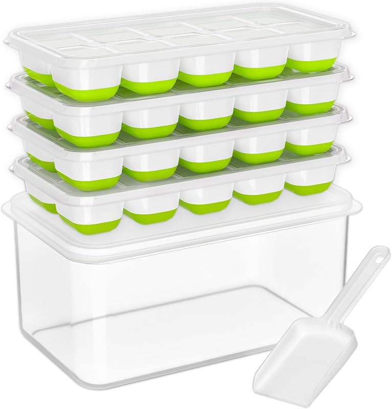 DOQAUS Stackable Ice Cube Tray with Lid, Bin, and Scoop, 4-Pack Silico