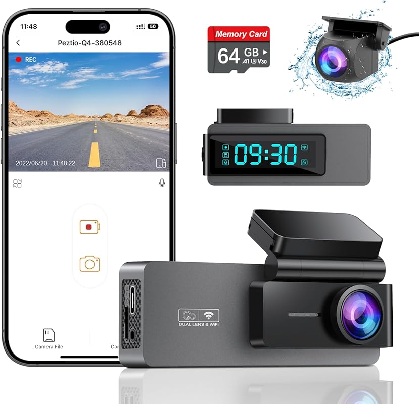 Dash Cam Front and Rear 4K+1080P, Free 64GB Card, Built-in WiFi, Dash 