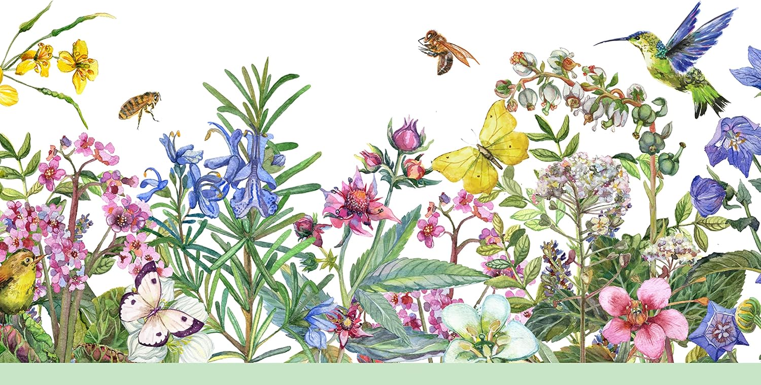 Living Garden Peel and Stick Wallpaper Border: Off White with Blue, Gr