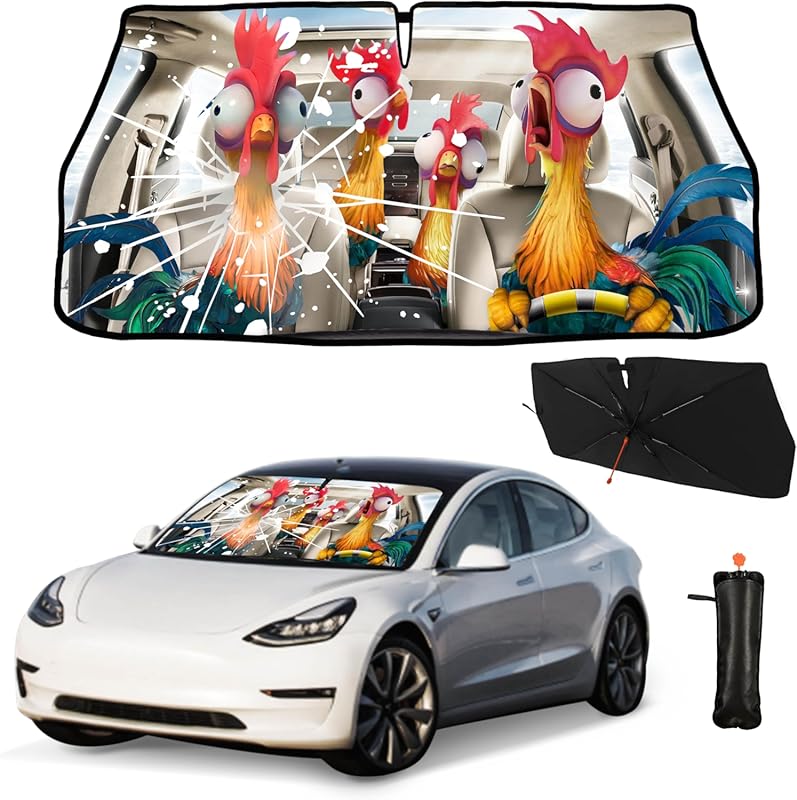 Funny Rooster Foldable Car Windshield Sun Shade Umbrella for UV and He