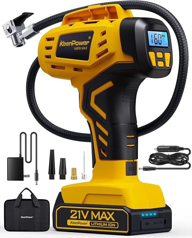 KeenPower Portable Air Compressor with 21V Battery 160 PSI and Dual Po