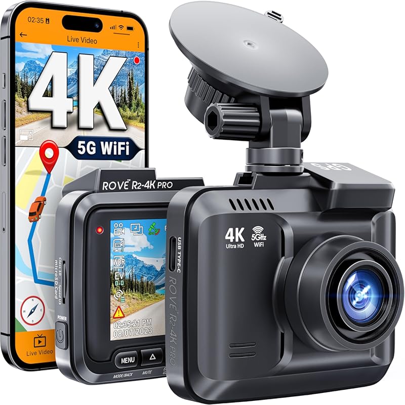 ROVE R2-4K PRO Dash Cam with 2160P UHD, GPS, 5G WiFi, and Parking Mode