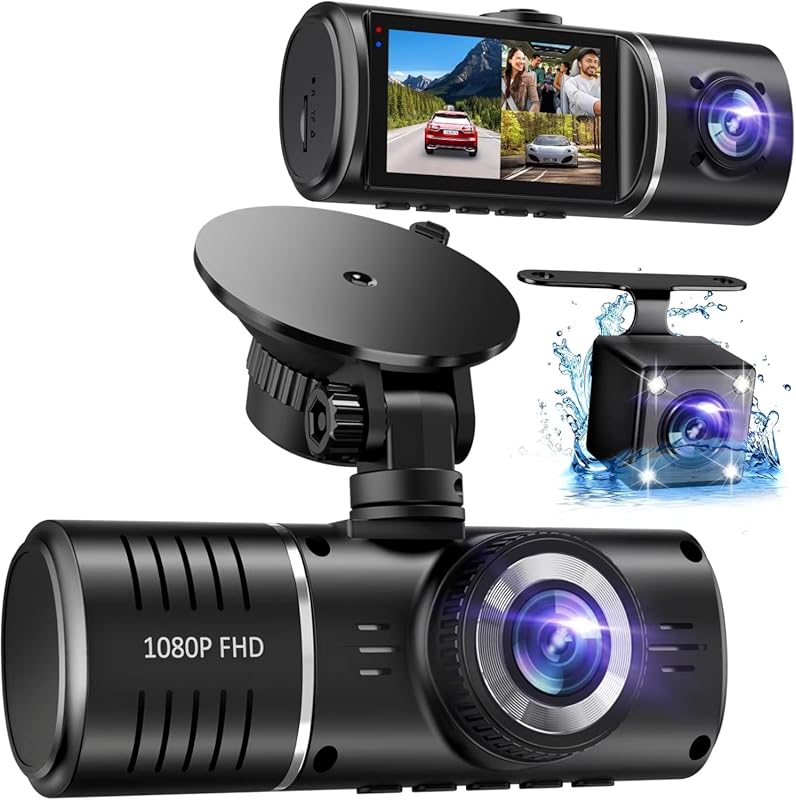 Triple Channel 1080P Dash Cam with Front, Rear, and Inside Recording f
