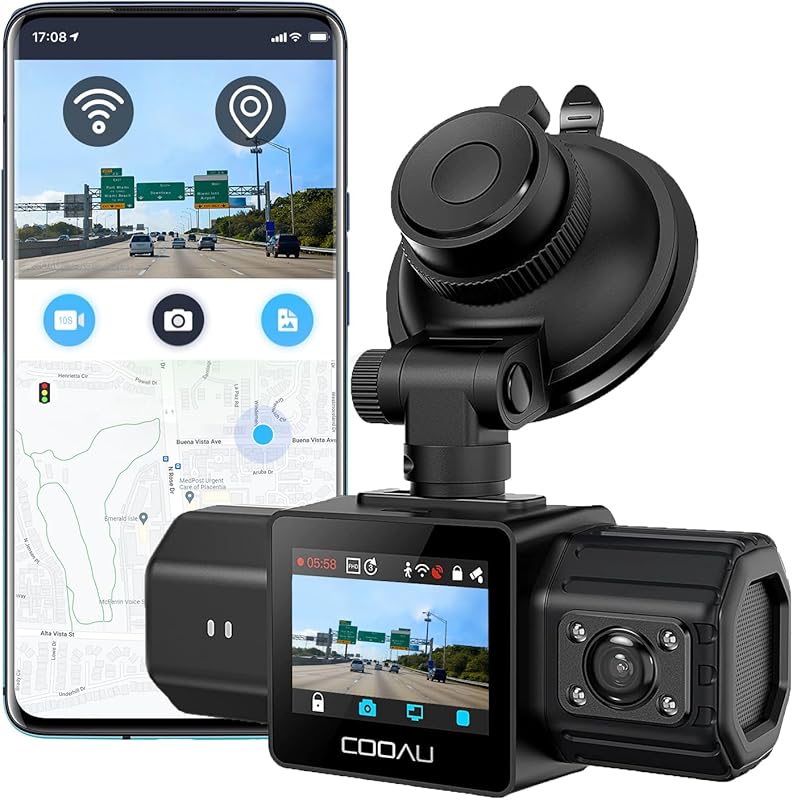 COOAU Dual 2.5K Dash Cam with Front and Inside Recording, Built-in GPS