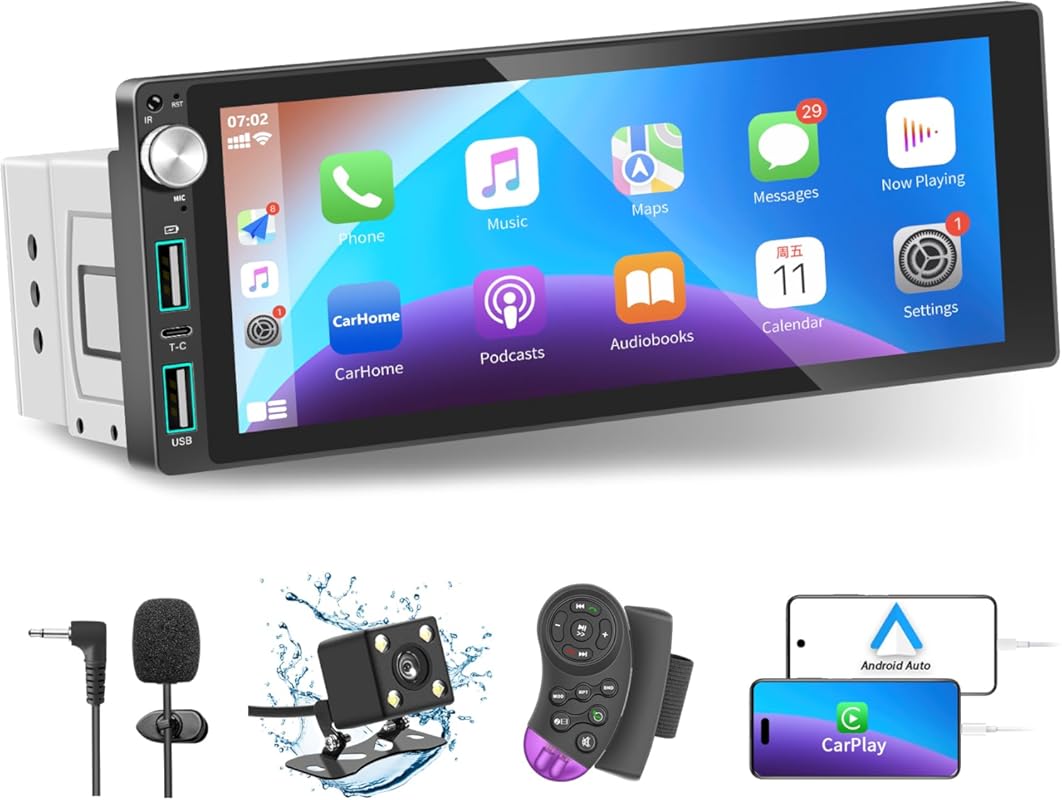 Single Din Car Stereo with Apple CarPlay, Android Auto, and 6.9-Inch I
