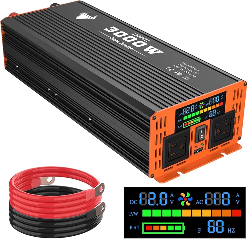3000W 12V to 110V Power Inverter for Trucks with LED Display, Dual AC 