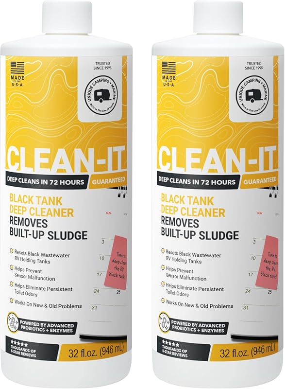 Unique Clean-It deep cleaner liquid resets RV black tanks and eliminat