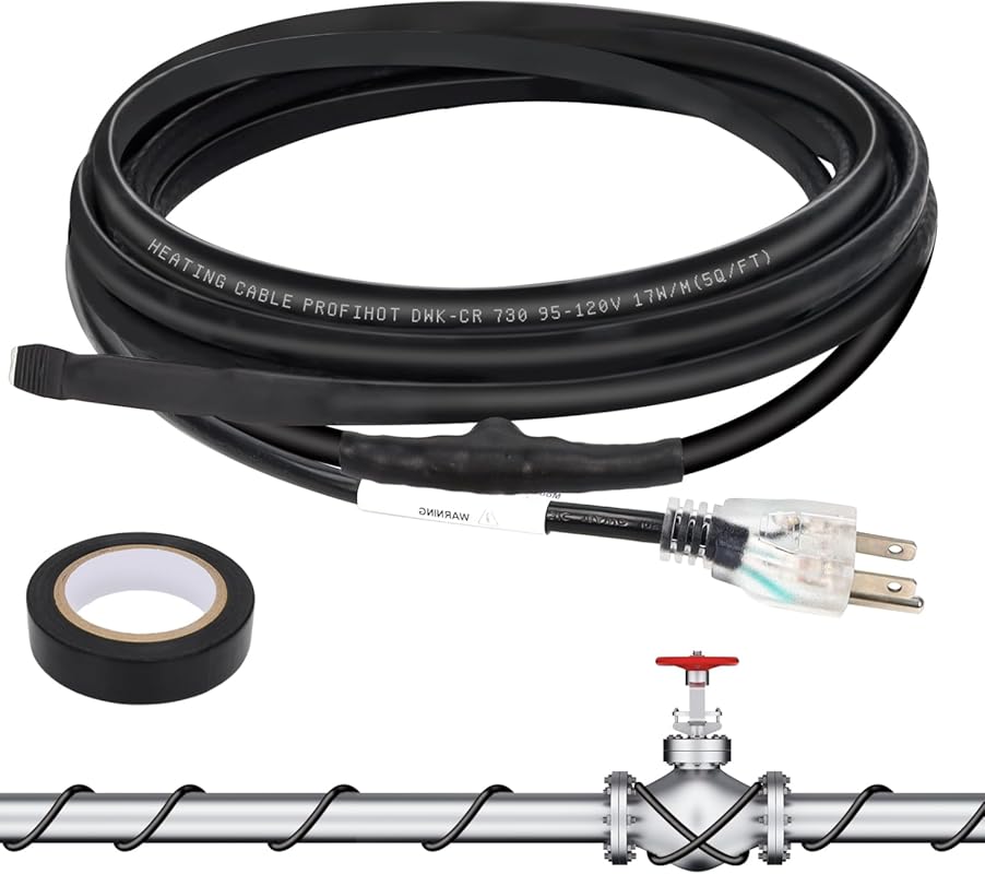 12-Foot Self-Regulating Pipe Heating Cable with Thermostat for Water P