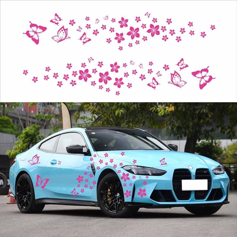 Rose Red Butterfly Flower Vinyl Decal Set for Car Windows and Hood