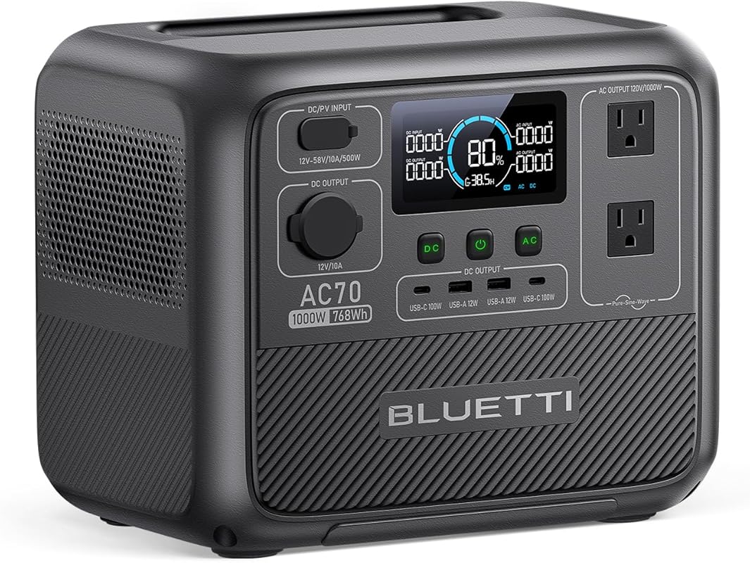 BLUETTI AC70 portable power station with 768Wh battery and 1000W AC ou