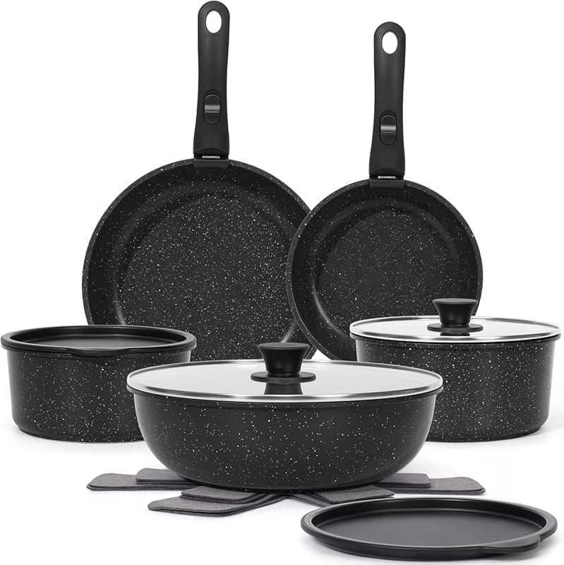 15-Piece Non-Stick Pots and Pans Set with Detachable Handles, Oven Saf
