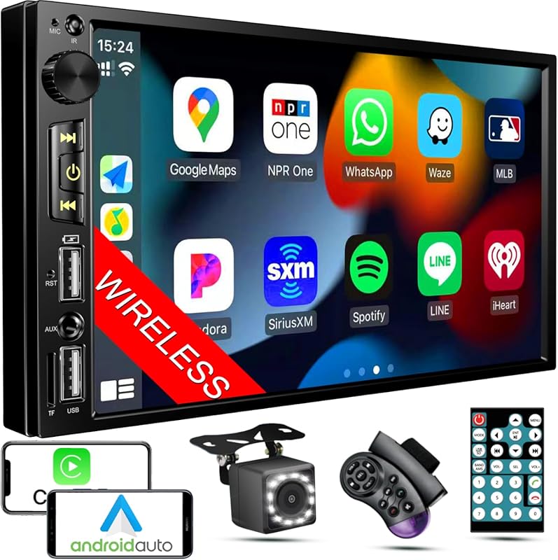 Wireless 7-Inch Double Din Car Stereo with Apple CarPlay, Android Auto