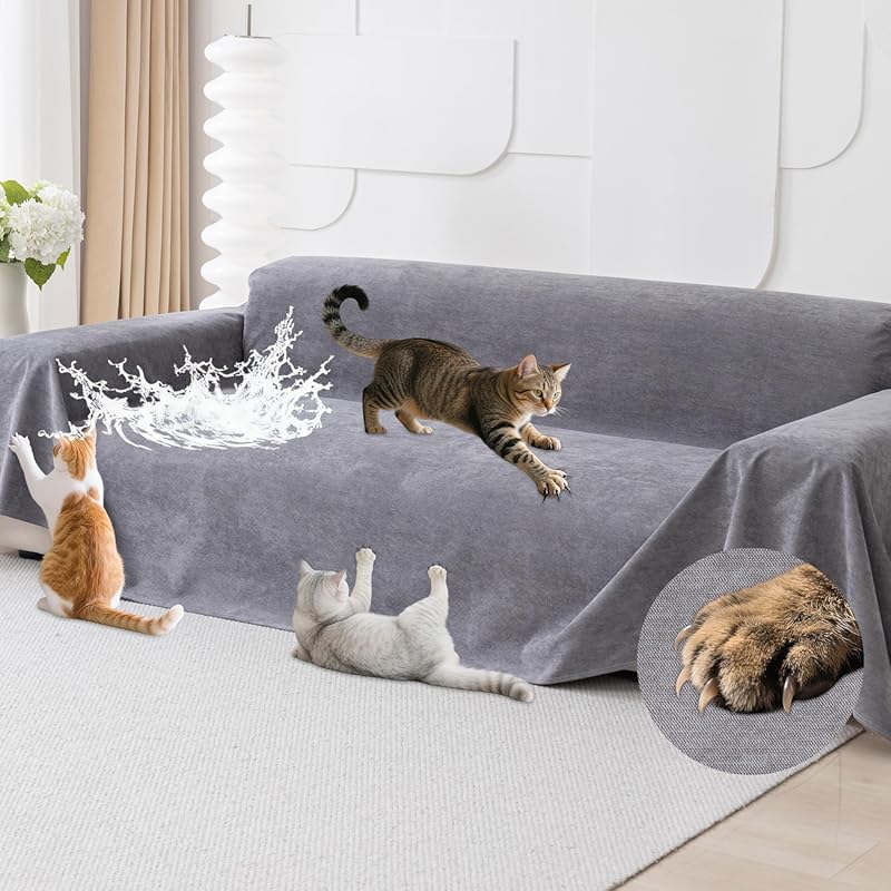 Gray Anti-Slip Waterproof Couch Cover for 3-Cushion Sofas to Deter Cat