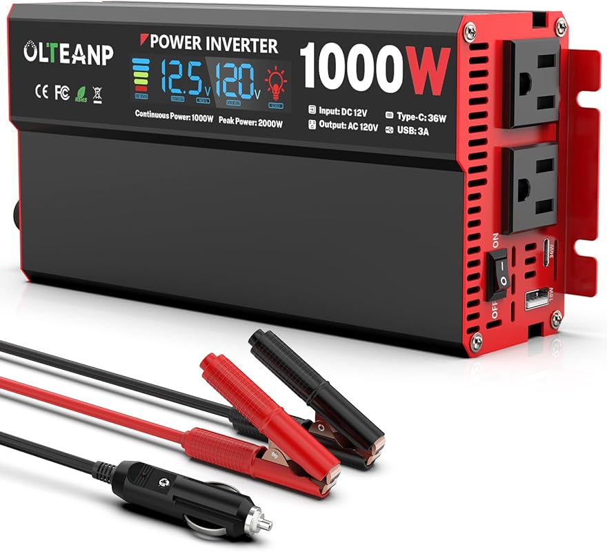 1000W Power Inverter for Trucks with LCD Display, AC Outlets, and USB-