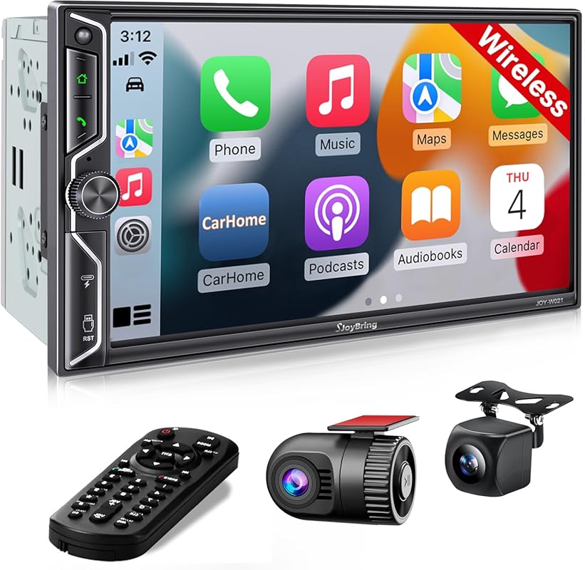 7-Inch Double Din Car Stereo with Dash Cam, Wireless CarPlay, Android 