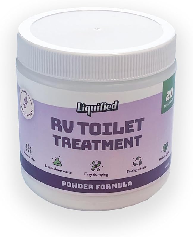 Liquified RV toilet treatment eliminates odors and digests waste with 