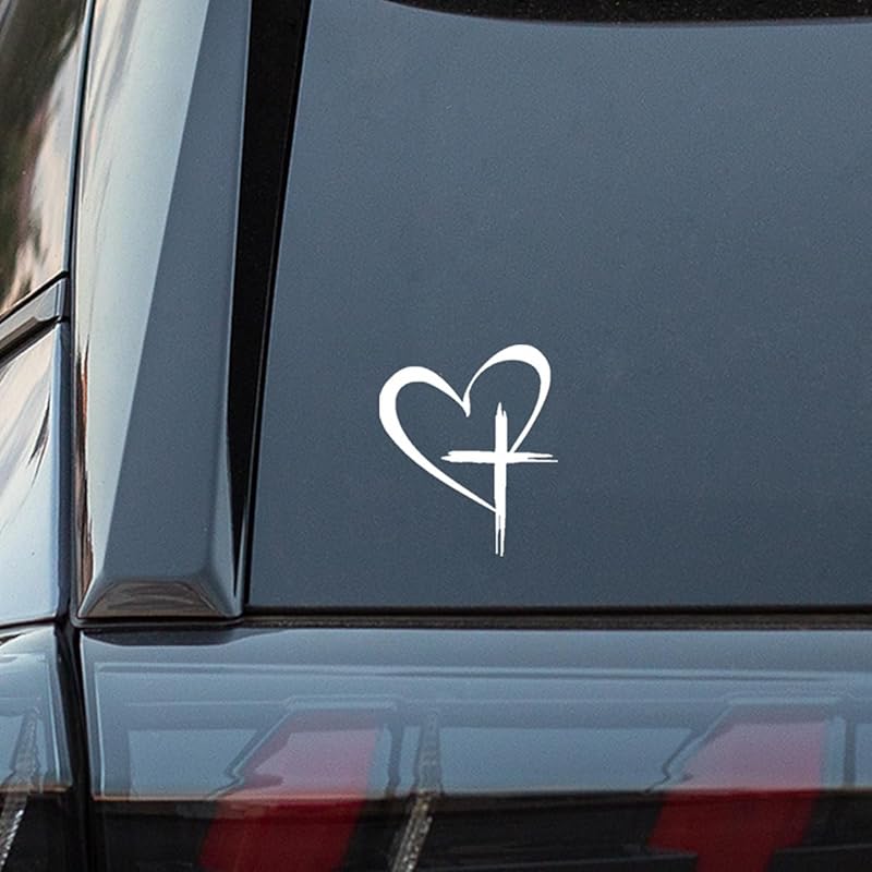White Love Cross Vinyl Decal for Car Windows and Notebooks, Measuring 