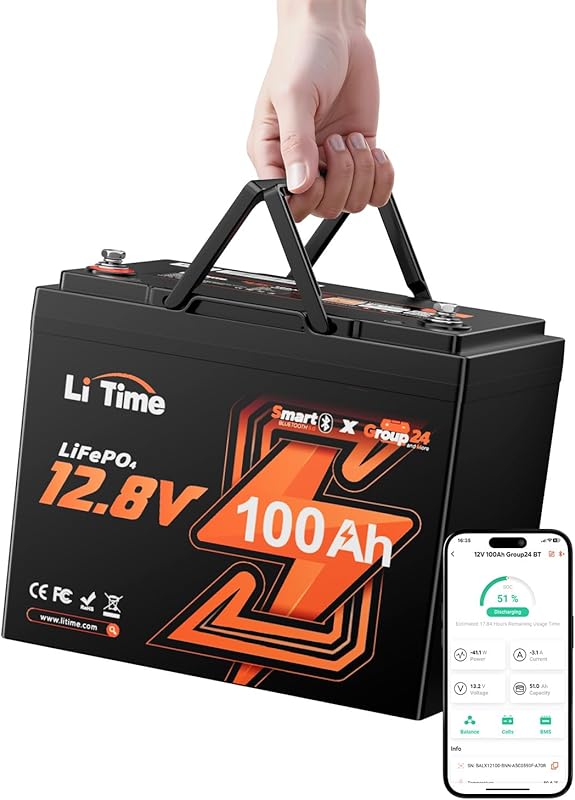 LiTime Group 24 Deep Cycle LiFePO4 Battery with 12V 100Ah and Bluetoot