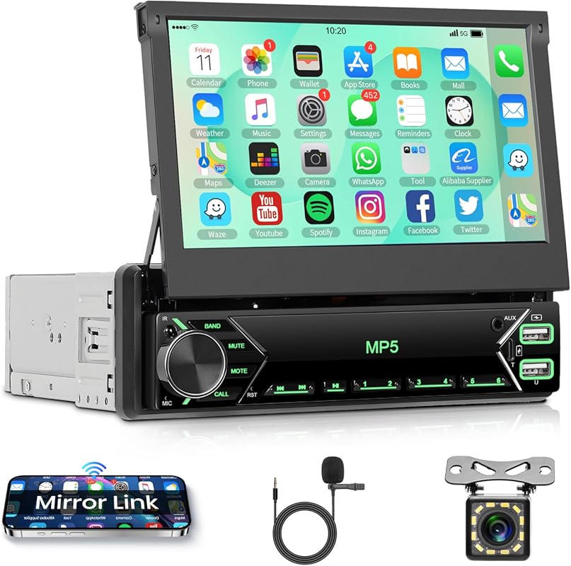 Rimoody 7 Inch Single Din Flip Out Car Stereo with Bluetooth and Rear 