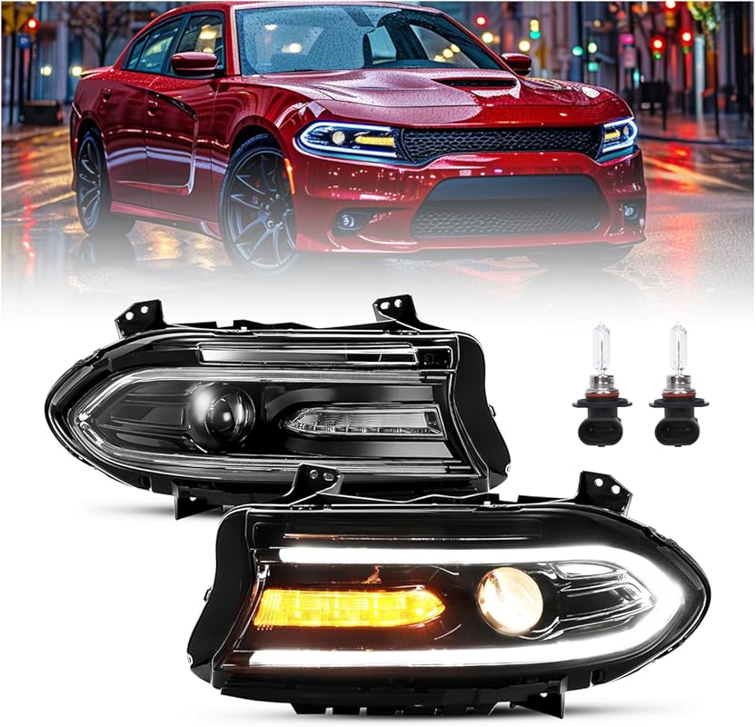 HECASA Projector Headlights with Dual LED DRL Tube for 2015-2023 Dodge
