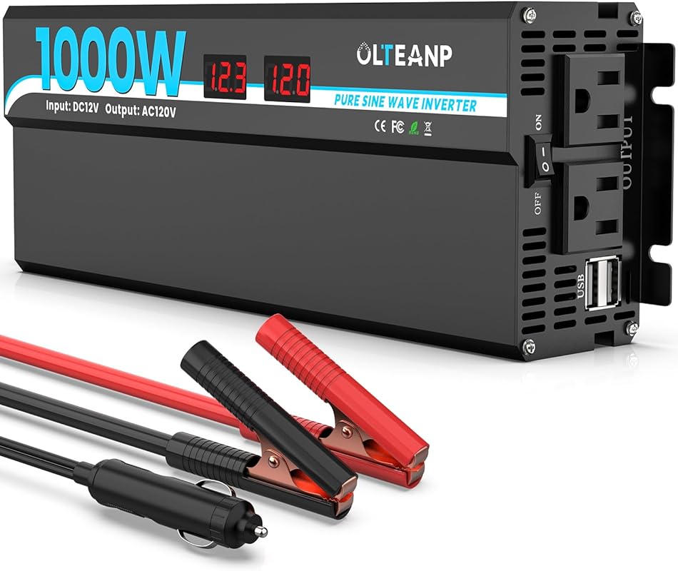 1000W Pure Sine Wave Power Inverter with AC Outlets and USB Ports for 