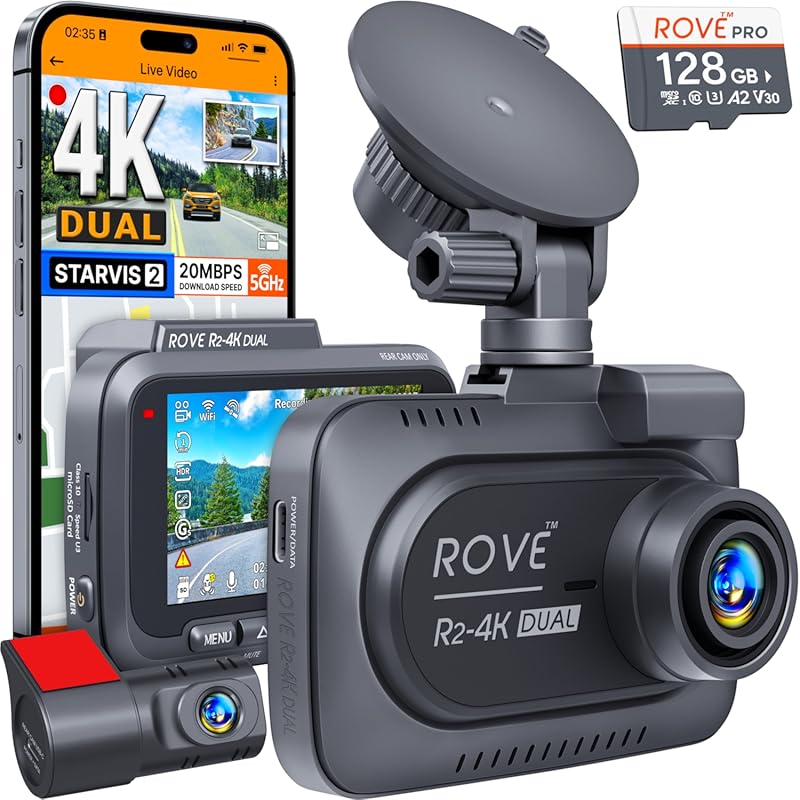 ROVE R2-4K Dual Dash Cam with 5G WiFi for Remote Viewing, STARVIS 2 Se
