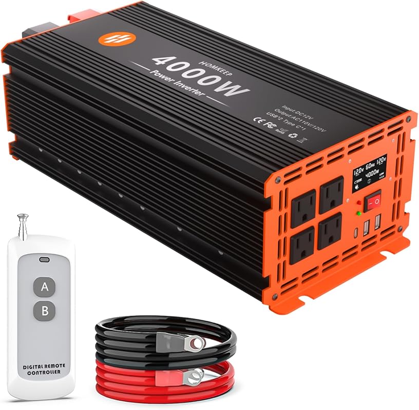 4000W 12V DC to 120V AC Power Inverter with LCD Display and Multiple O